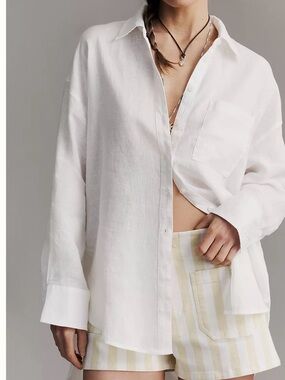 Anthropologie Maeve 100% Linen Long Sleeve White button Up Shirt XL High Low